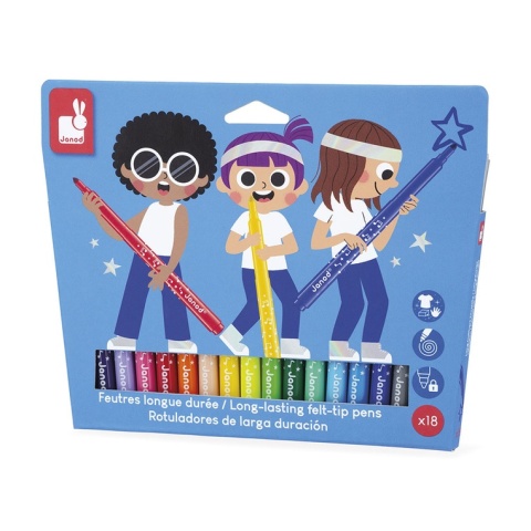 Janod Flamastry pisaki z filcową końcówką 18 kolorów 3+