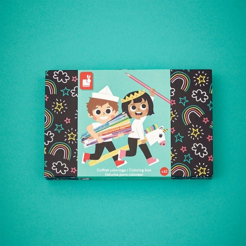 Janod Zestaw przyborów do kolorowania kredki flamastry Coloring box 42 el. 3+