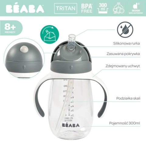 Beaba Bidon niekapek ze słomką tritanowy 300 ml Mineral grey