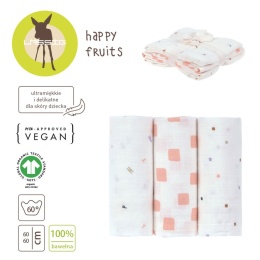 Lassig Muślinowa pieluszka otulacz z bawełny organicznej Zestaw 3 szt. 60x60cm Happy Fruits peach