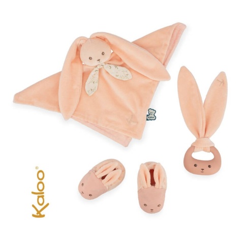 Kaloo Zestaw prezentowy 3 w 1 Królik (komforter + gryzak + buciki) brzoskwiniowy Lapinoo