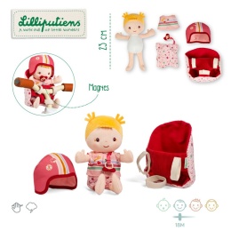 Lilliputiens Lalka dzidziuś w foteliku rowerowym z komforterem i kaskiem Lena 18 m+