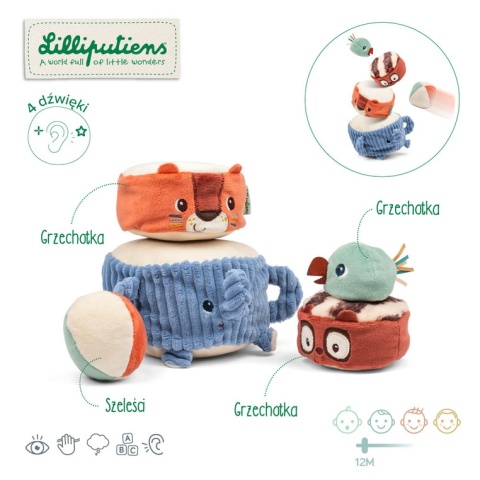 Lilliputiens Piramida dźwiękowa sensoryczne klocki z grzechotkami Zwierzątka 12m+