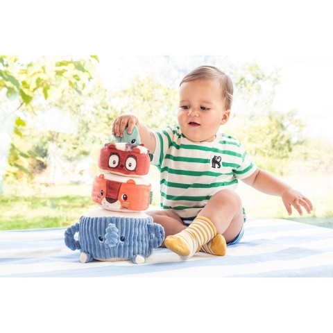 Lilliputiens Piramida dźwiękowa sensoryczne klocki z grzechotkami Zwierzątka 12m+