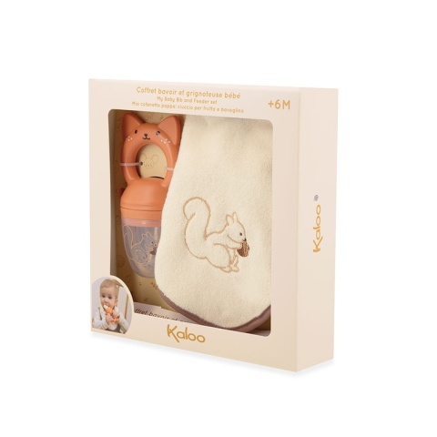 Kaloo Zestaw prezentowy Gryzak smoczek do owoców + śliniak Wiewiórka Grignoti