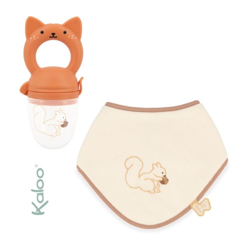 Kaloo Zestaw prezentowy Gryzak smoczek do owoców + śliniak Wiewiórka Grignoti