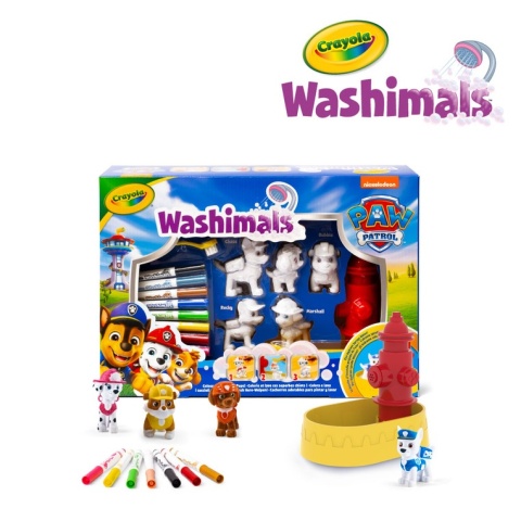 Crayola Figurki do malowania i mycia - zwierzątka 5 szt., flamastry zmywalne 8 szt., szczoteczka, wanna -Washimals Psi Patrol 3+