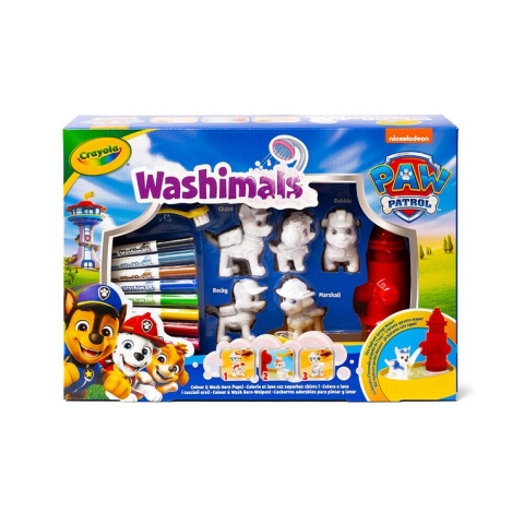 Crayola Figurki do malowania i mycia - zwierzątka 5 szt., flamastry zmywalne 8 szt., szczoteczka, wanna -Washimals Psi Patrol 3+
