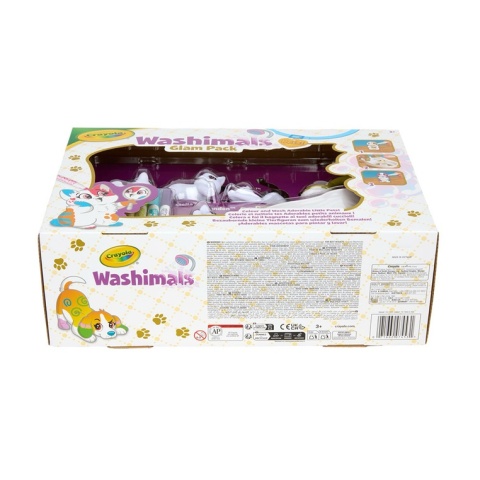 Crayola Figurki do malowania i mycia - zwierzątka 4 szt, flamastry zmywalne 6 szt., szczoteczka, wanna Washimals Kotki Glam 3+