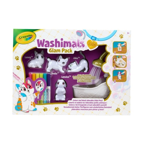 Crayola Figurki do malowania i mycia - zwierzątka 4 szt, flamastry zmywalne 6 szt., szczoteczka, wanna Washimals Kotki Glam 3+
