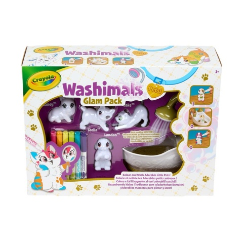 Crayola Figurki do malowania i mycia - zwierzątka 4 szt, flamastry zmywalne 6 szt., szczoteczka, wanna Washimals Kotki Glam 3+