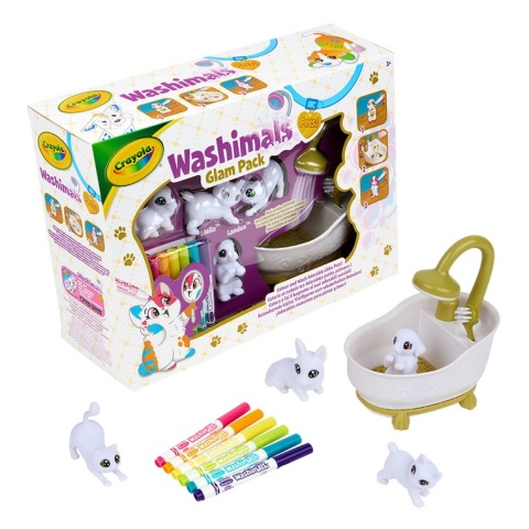 Crayola Figurki do malowania i mycia - zwierzątka 4 szt, flamastry zmywalne 6 szt., szczoteczka, wanna Washimals Kotki Glam 3+