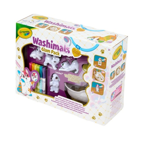 Crayola Figurki do malowania i mycia - zwierzątka 4 szt, flamastry zmywalne 6 szt., szczoteczka, wanna Washimals Kotki Glam 3+