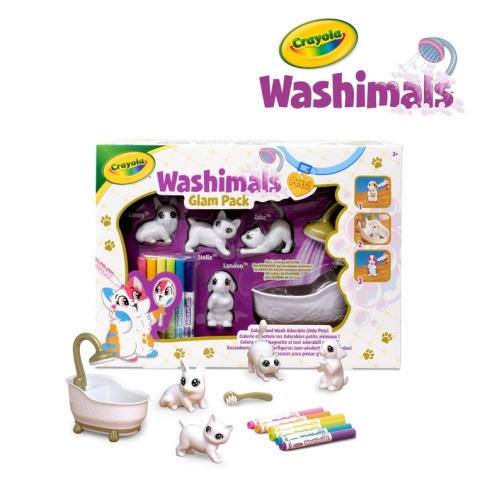 Crayola Figurki do malowania i mycia - zwierzątka 4 szt, flamastry zmywalne 6 szt., szczoteczka, wanna Washimals Kotki Glam 3+