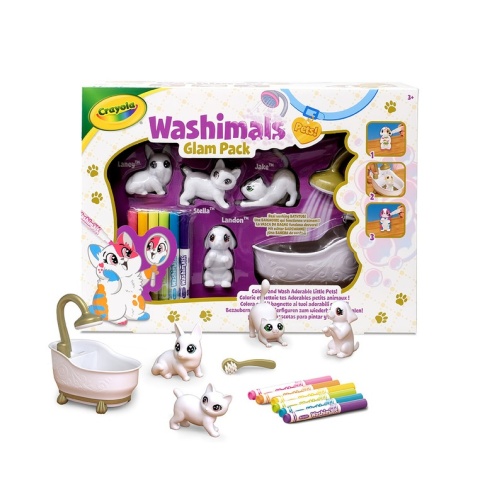 Crayola Figurki do malowania i mycia - zwierzątka 4 szt, flamastry zmywalne 6 szt., szczoteczka, wanna Washimals Kotki Glam 3+