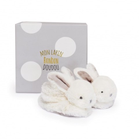 DOUDOU - zestaw prezentowy - buciki niemowlęce Lapin Bonbon, Doudou et Compagnie, biały taupe