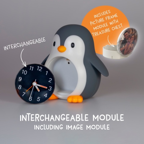 POPPY PENGUIN LED PINGWIN lampka z zegarem / ramką na zdjęcie, ciepła biel, ze ściemniaczem i budzikiem