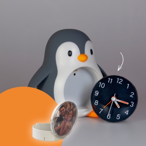 POPPY PENGUIN LED PINGWIN lampka z zegarem / ramką na zdjęcie, ciepła biel, ze ściemniaczem i budzikiem