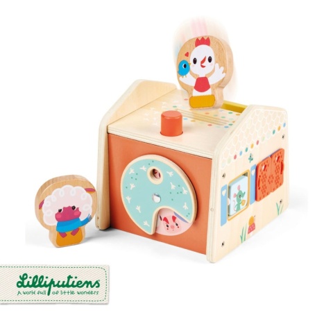 LILLIPUTIENS Drewniany domek manipulacyjny Zabawa w chowanego 12 m+