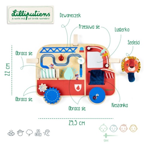 LILLIPUTIENS Drewniana tablica manipulacyjna Wóz strażacki Lew Jack 9 m+