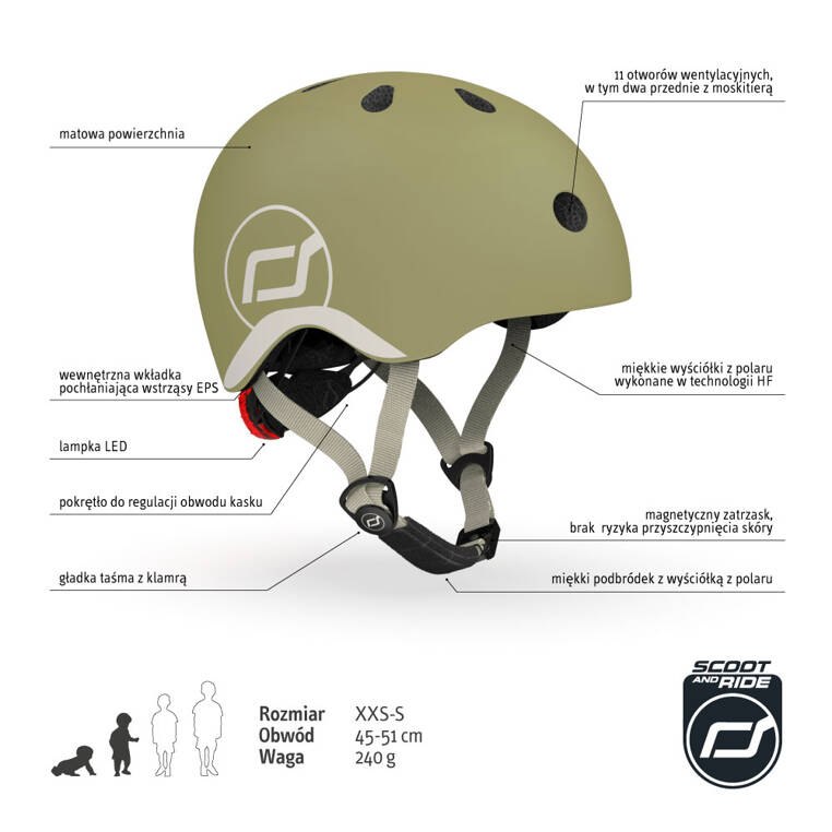 SCOOTANDRIDE Kask XXS-S dla dzieci 1-5 lat Olive